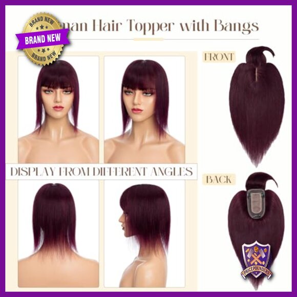 Human Hair Topper with Bangs for Thinning Hair, Silk Base, 5.1x2.7 Inch
